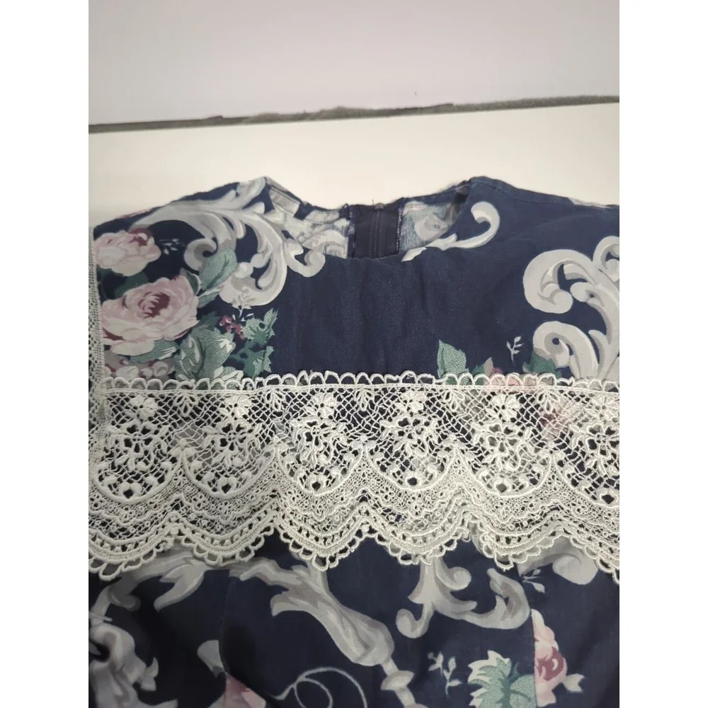 VTG 80's McClintock girls Dress Lace floral Peasant Prairie Cottagecore 8 blue